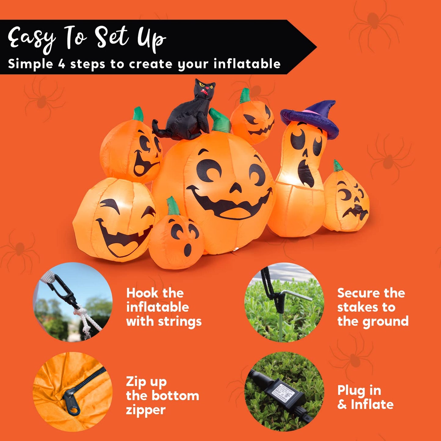 Joiedomi 6 FT Long Halloween Inflatable Outdoor Decorations, Pumpkin Blow Up Yard Decorations, 7 Pcs Inflatable Pumpkin for Outside with Witch's Cat with Build-in LEDs for Halloween Decor