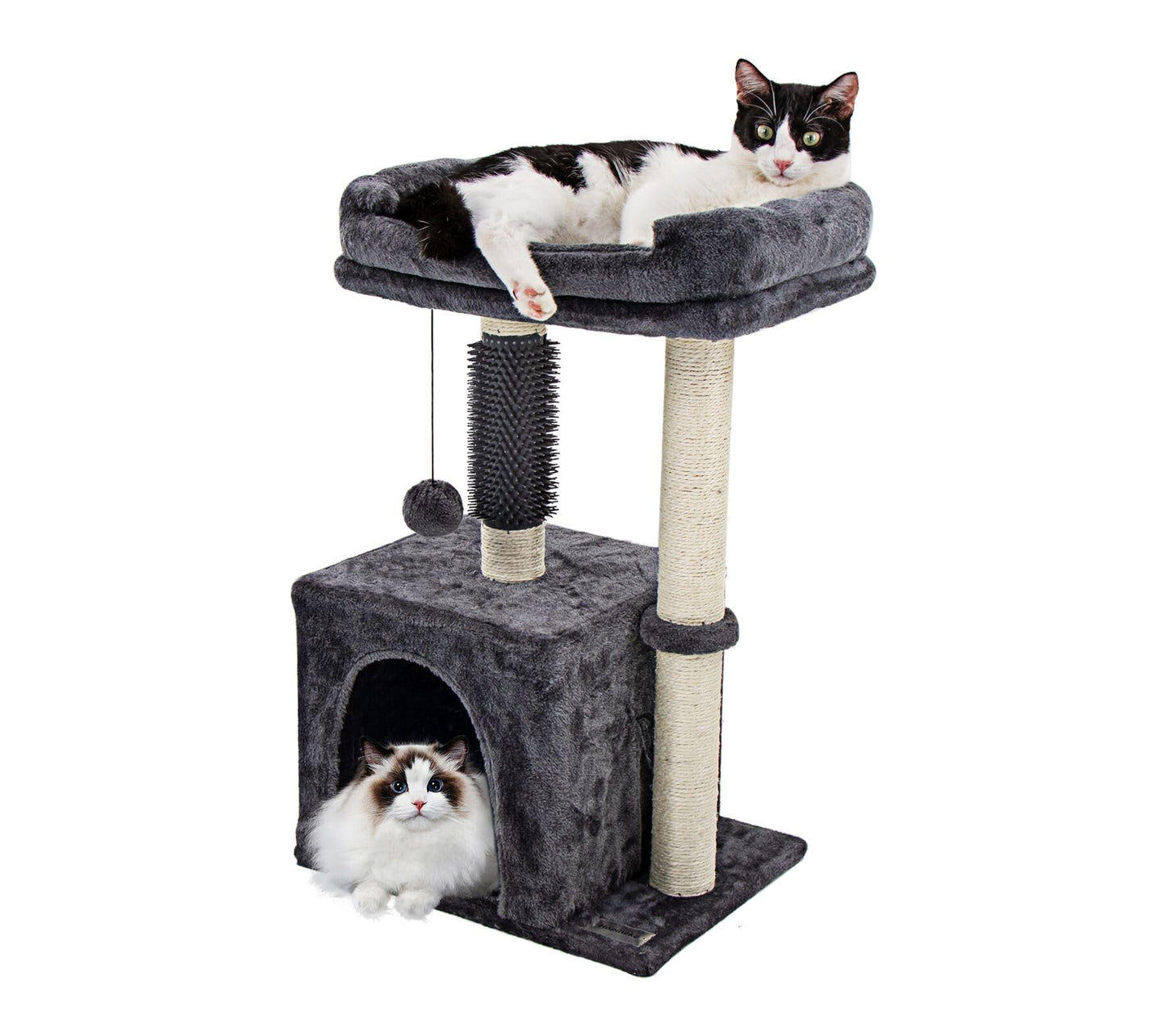 Hapineko 26.8" Small Cat Tree Tower,Cat Scratching Post for Indoor Cats,Featuring with Cat Cave & Cozy Perch,Cat Self Groomer and Interactive Dangling Ball Great for Kittens/Cats (Smoky Gray, Medium)