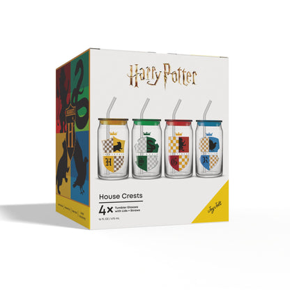 JoyJolt Harry Potter House Crests Glass Tumblers with Lids and Straws, 16oz Glass Cups with Lids and Straws, Can Shaped Drinking Glasses Set of 4, Hogwarts Cup, Harry Potter Merchandise
