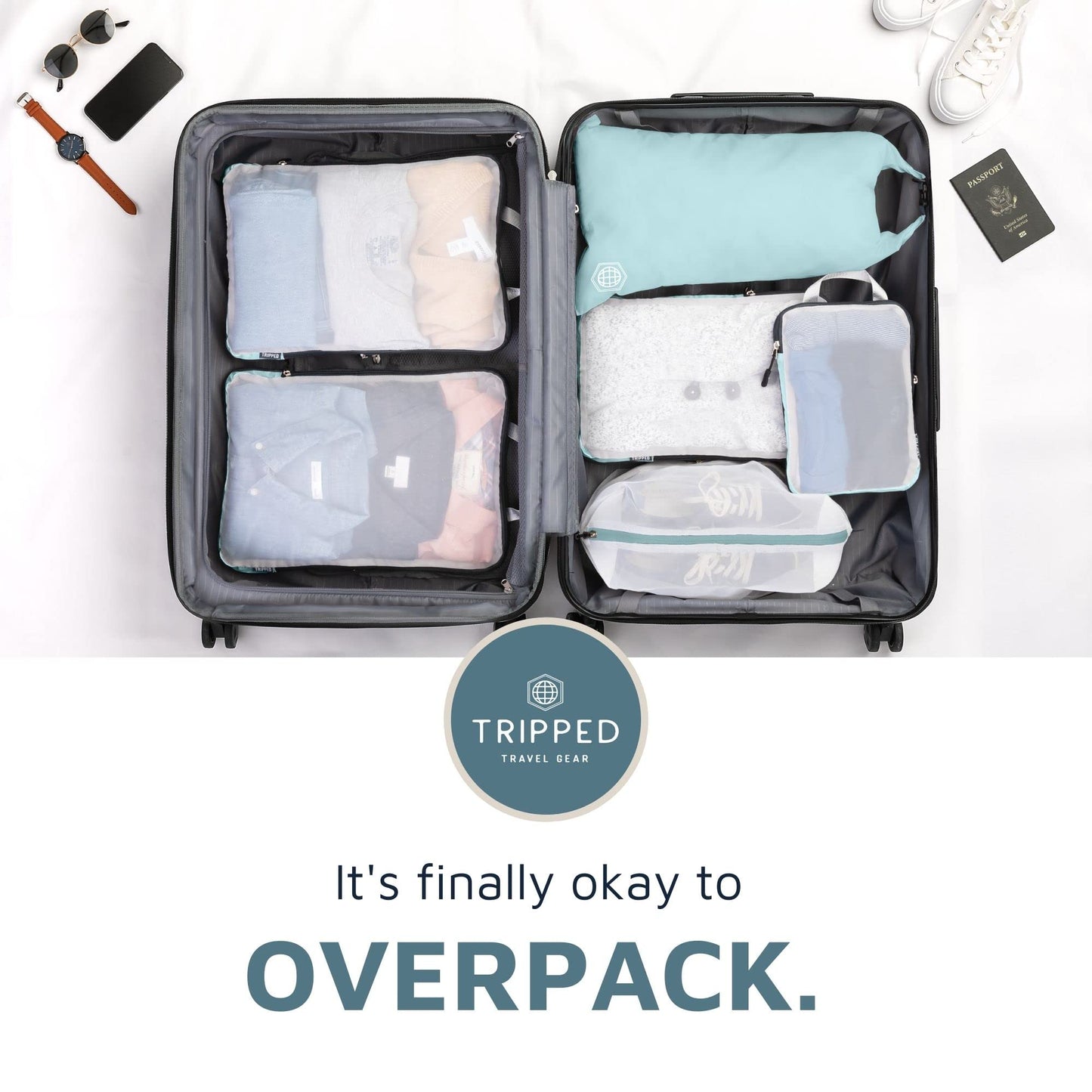 Large Packing Cube Set with See Through Mesh- Compression Packing Cubes Travel Organizers by TRIPPED Travel Gear (Dusty Teal)