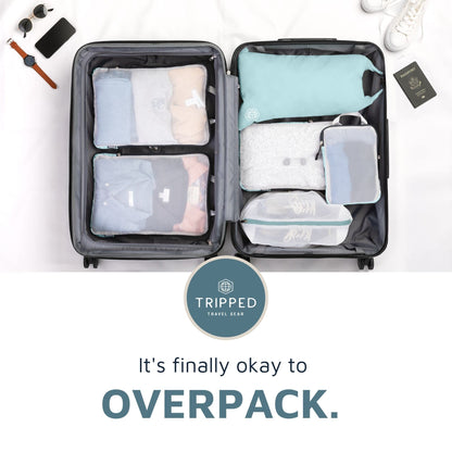 Large Packing Cube Set with See Through Mesh- Compression Packing Cubes Travel Organizers by TRIPPED Travel Gear (Dusty Teal)