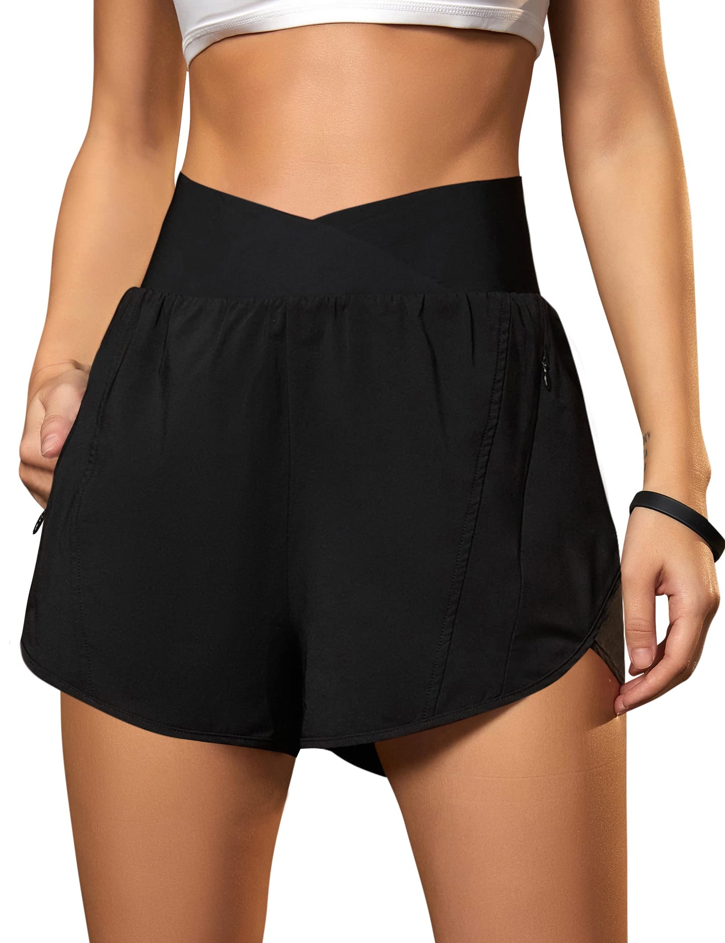 Blooming Jelly Women's Workout Shorts Athletic Running Elastic High Waisted Black Gym Yoga Shorts with Zipper Pockets (Black,Medium)