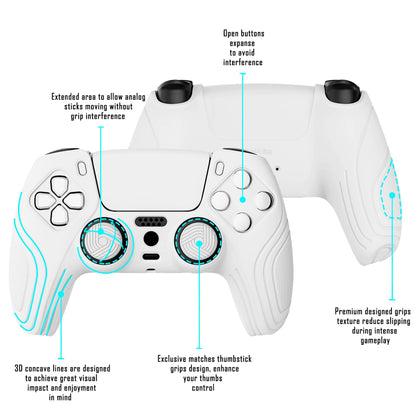 eXtremeRate PlayVital Samurai Edition White Anti-Slip Controller Grip Silicone Skin for ps5, Ergonomic Soft Rubber Protective Case for ps5 Controller with White Thumb Stick Caps