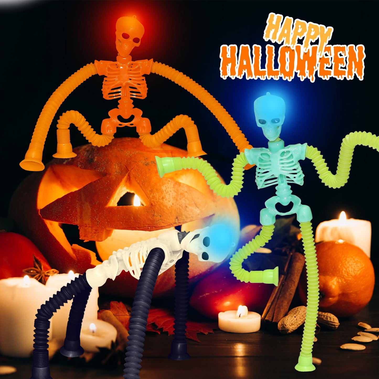 Halloween LED Skeleton Pop Tubes Light Up 4 Pcs Halloween Sensory Fidget Toys, Telescopic Suction Cup Autism ADHD Halloween Party Favors Goodie Bags Basket Stuffers Trick or Treat Toys for Kids 3+