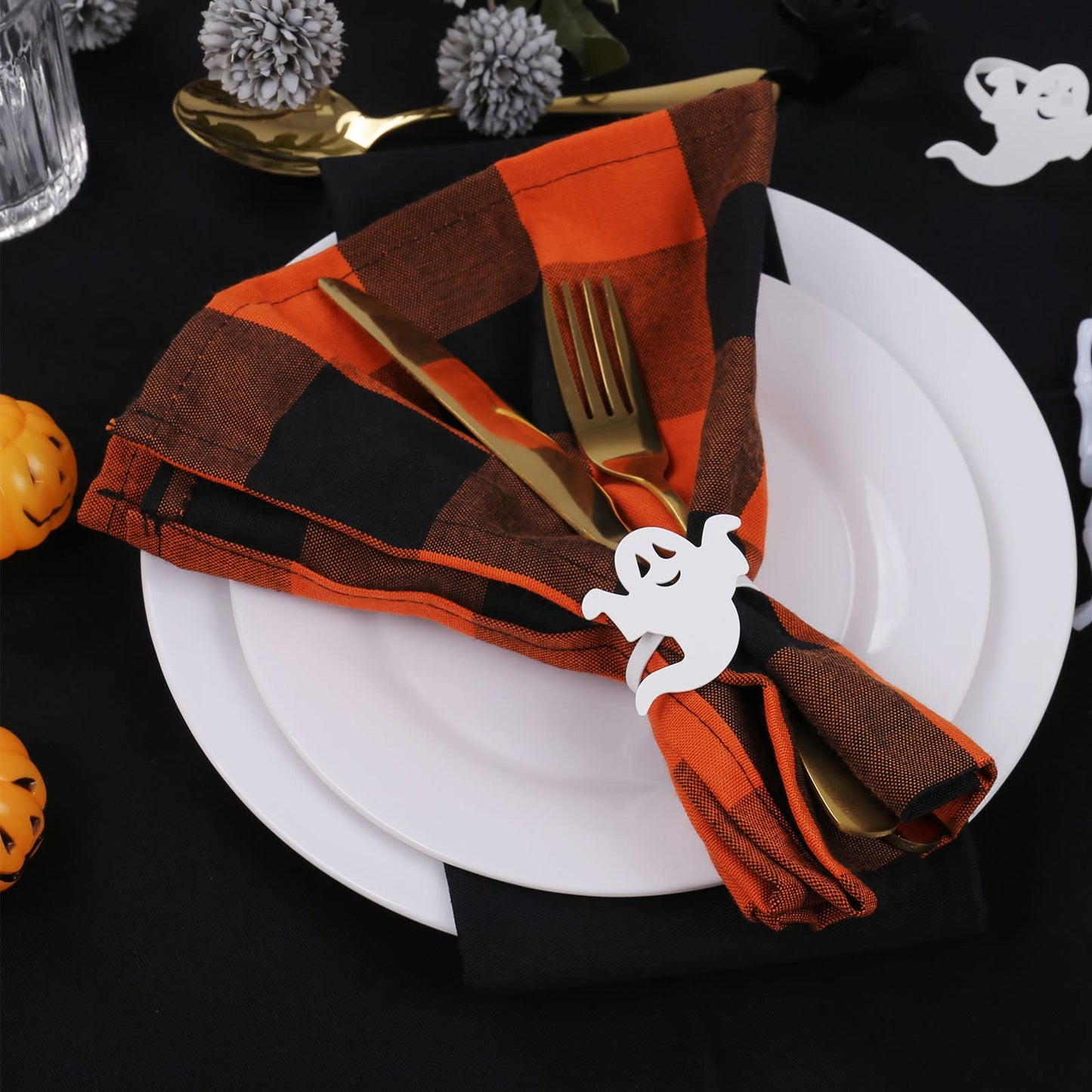 Ghost Napkin Rings Set of 12, White and Black Ghost Napkin Buckle for Halloween Holiday Birthday Party Decoration