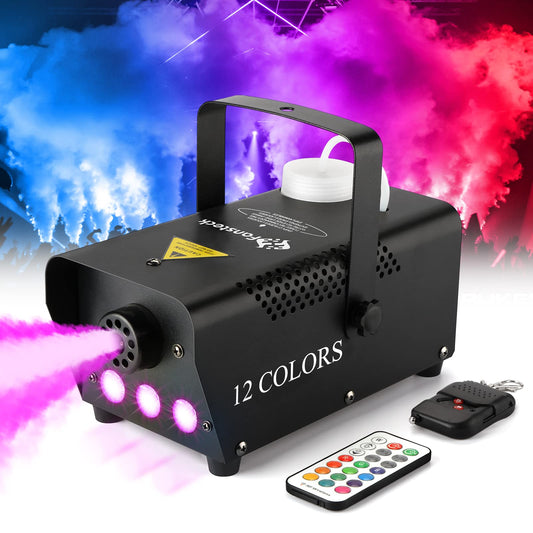 Fog Machine - Smoke Machine with 12 Colorful LED Lights Effect, 500W and 2000CFM Fog Halloween with Wired and Wireless Remote Control, Suitable for Indoor, Outdoor, Wedding, Parties, and DJ Stage