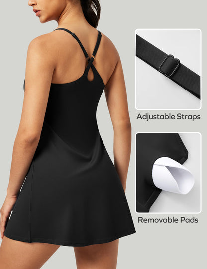 IUGA Tennis Dress for Women Athletic Golf Workout Dress with Built-in Shorts and Bra, Adjustable Straps & Pockets Black