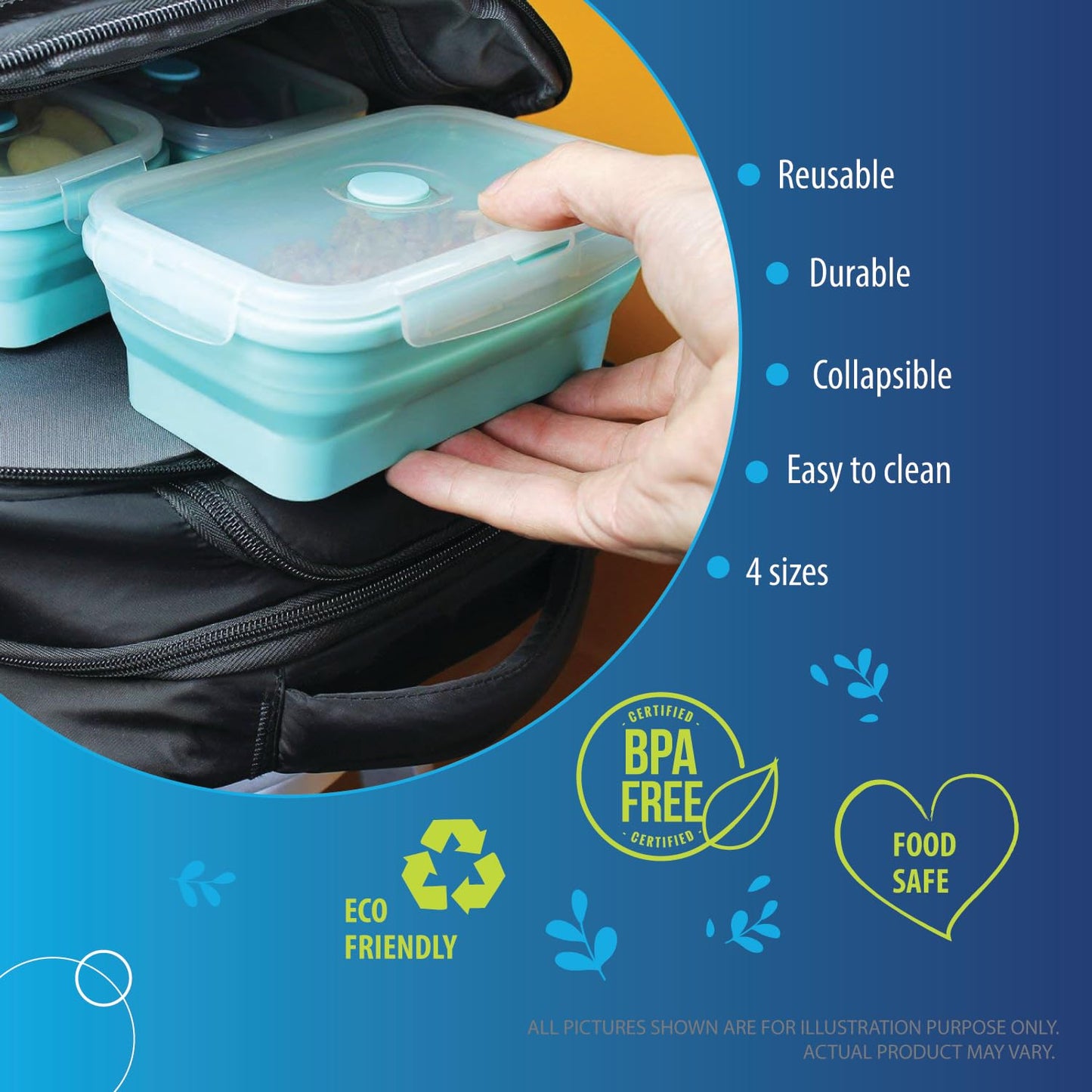 Deke Home - Collapsible Silicone Food Storage Containers with Lids, Set of 4, BPA-Free, Airtight, Space-Saving Meal Prep & Lunch Box, Microwavable, Freezer & Dishwasher Safe, Camping & Travel