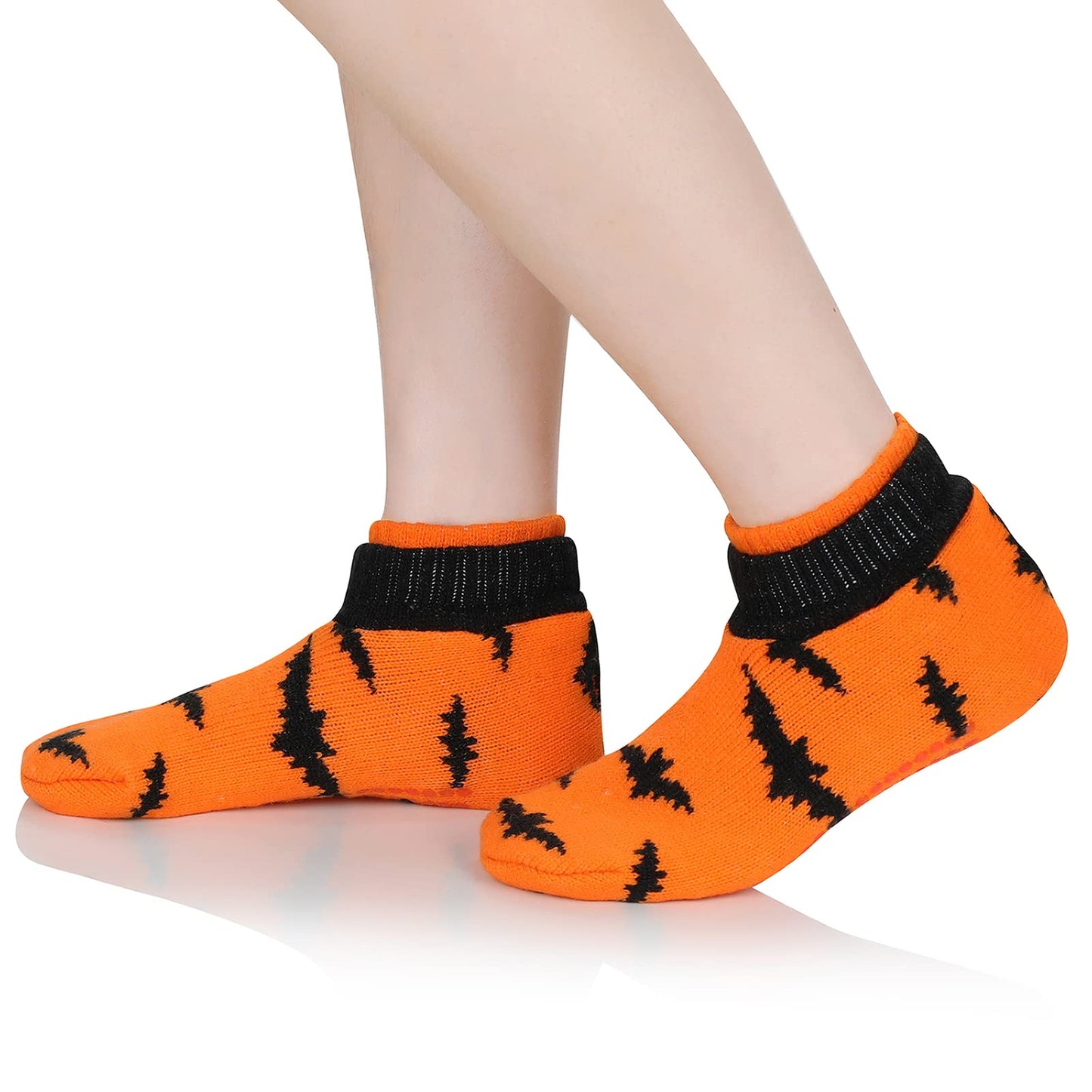 Fuzzy Socks for Women with Slippers Cute Halloween Accessories Christmas Warm Ankle Socks for Women Orange Bat 1 Pack