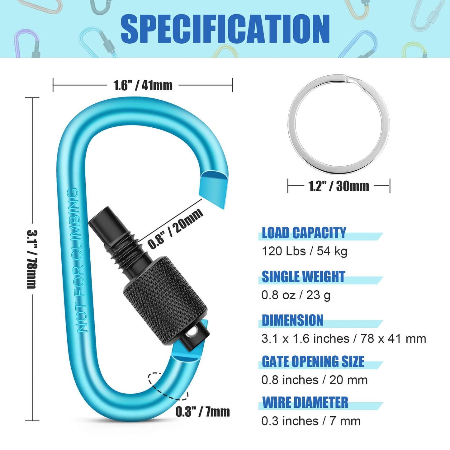 Cridoz Carabiner and Keyring Set, 12PCS Metal D Ring Carabiner Clips with 12PCS Heavy Duty Key Rings for Keys, Bottles, Backpacks (Multicolors)