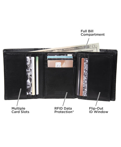 Kenneth Cole Reaction Men's Wallet - RFID Genuine Leather Slim Trifold with ID Window and Card Slots, Black Plaque