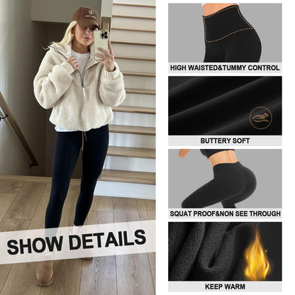 FuelMeFoot Women's Lined Thermal Leggings with Teddy Inner Fleece High Waist Leggings Warm Winter Sports Leggings Long Tights Yoga Trousers Running Trousers