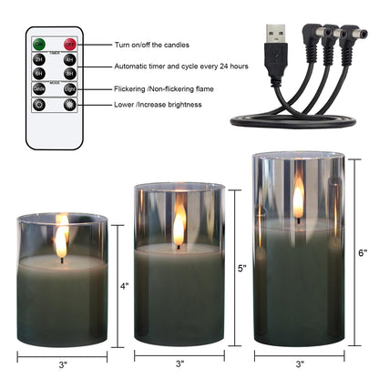 GenSwin Rechargeable LED Flameless Flickering Glass Candles with Remote Timer, Battery Operated Pillar Candles Long Lasting Grey Real Wax USB (D 3”×H 4”5”6”)