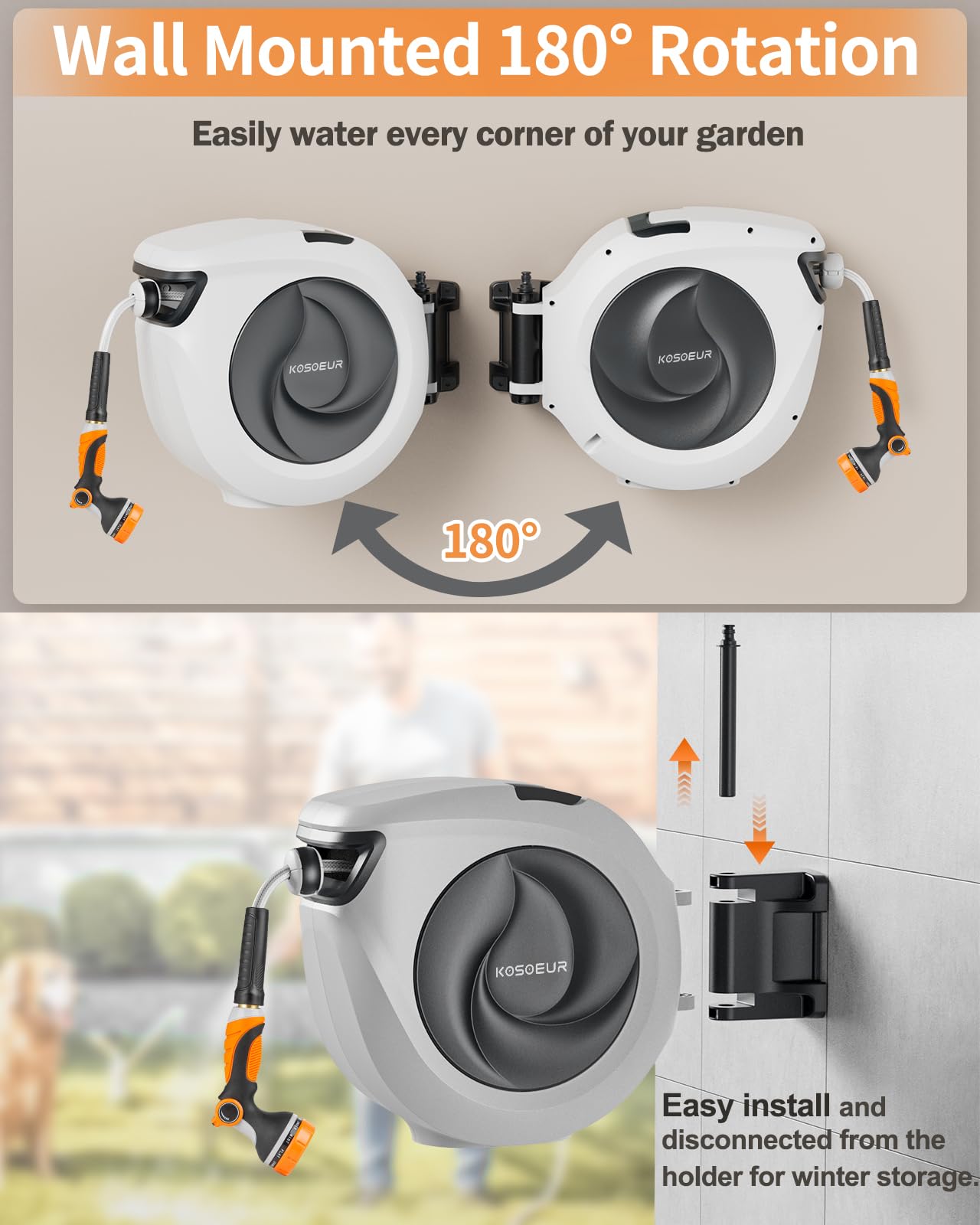 KOSOEUR Retractable Garden Hose Reel, 1/2 in x 65 ft Garden Hose Reel, Automatic Retractable Water Hose Wall Mount with 10 Pattern Nozzle, Slow Rewind System/Any Length Auto Lock 180° Swivel Bracket