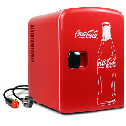 Coca-Cola Classic Coke Bottle 4L Mini Fridge w/ 12V DC and 110V AC Cords, 6 Can Portable Cooler, Personal Travel Refrigerator for Snacks Lunch Drinks Cosmetics, Desk Home Office Dorm, Red