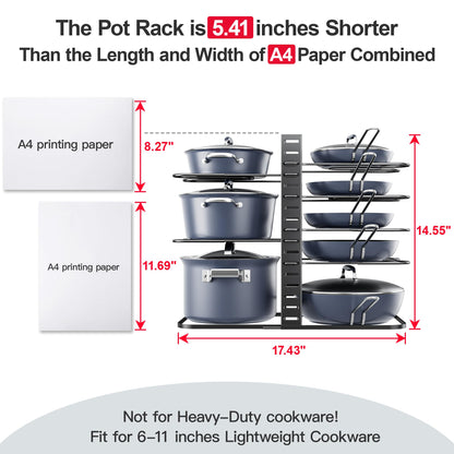 ORDORA Pots and Pans Organizer for Cabinet 16.61'' Height, 8 Tier Pot Organizers Rack with 3 DIY Methods, Adjustable Pan Organizer under Cabinet Kitchen Organization and Storage
