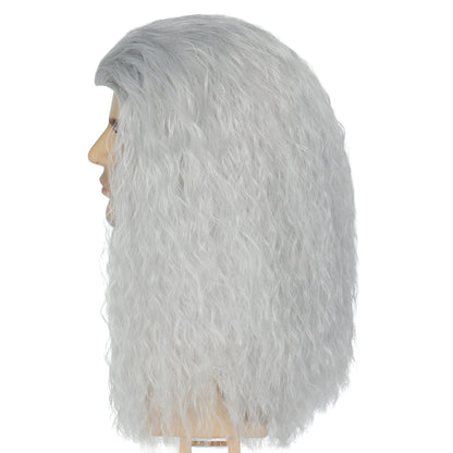 Koonfan Women Witch Costume Men Wizard Wig Silver Gray Old Lady Grandma Wig Halloween Cosplay Wigs