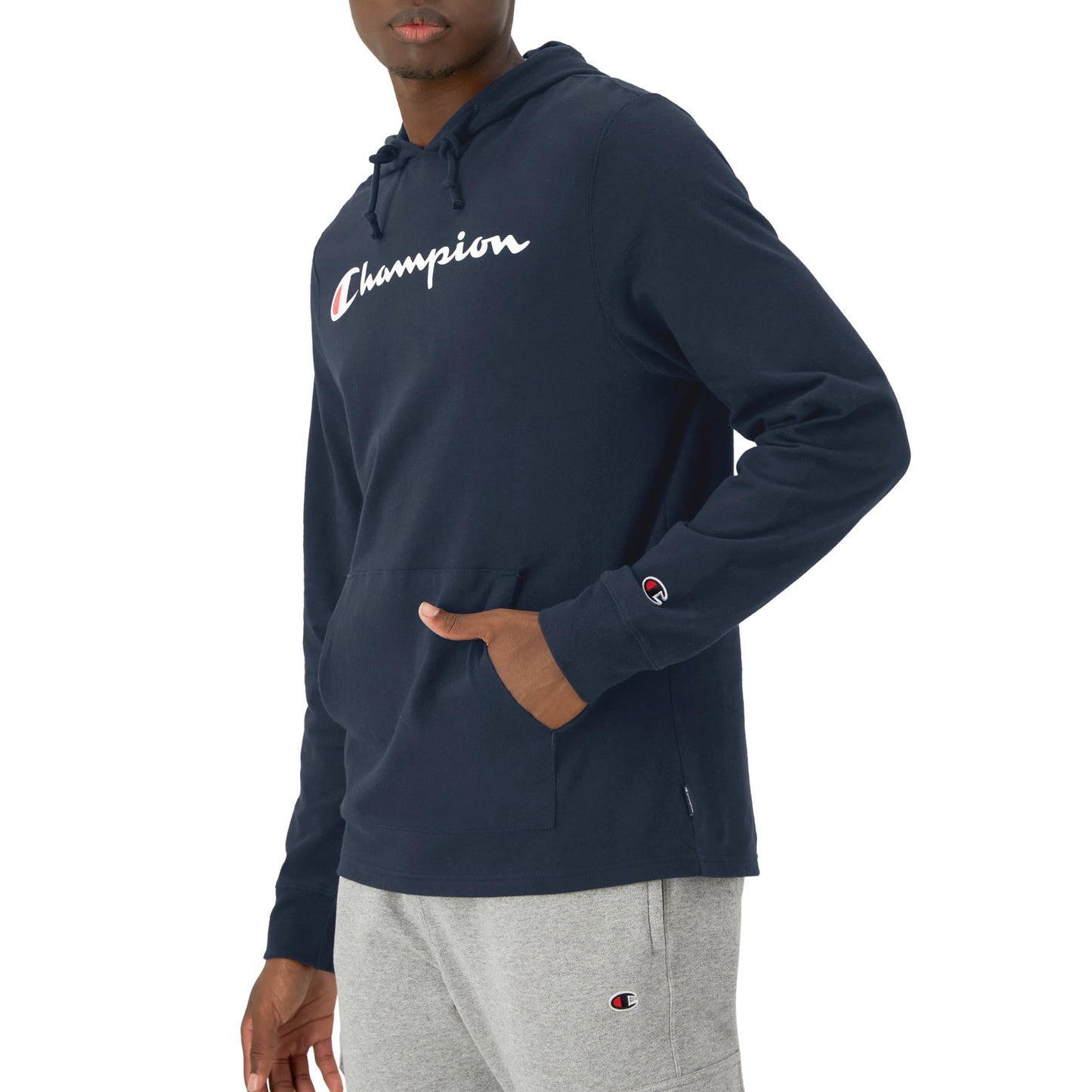 Champion Men's Pullover T-Shirt Hoodie, Standard Fit, Midweight, Navy-Classic Script Logo, Medium