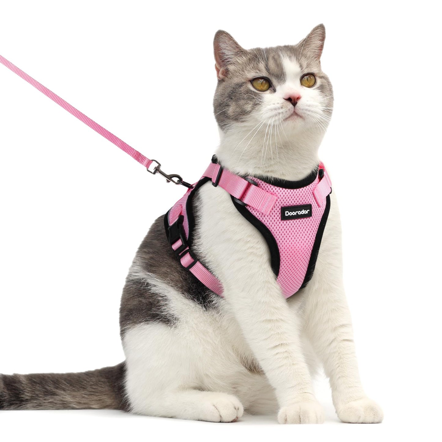 Dooradar Cat Harness and Leash Set, Escape Proof Safe Adjustable Kitten Vest Harnesses for Walking, Easy Control Soft Breathable Mesh Jacket with Reflective Strips for Cats, Pink, M