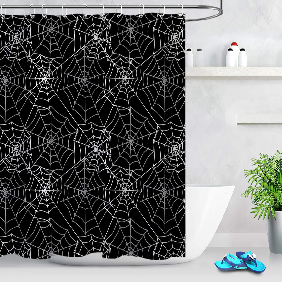 LB Halloween Shower Curtain Spider Web Decor Black Grey Bathroom Curtain with Hooks 60x72 inch Waterproof Polyester Fabric Bathroom Decorations,10 Holes