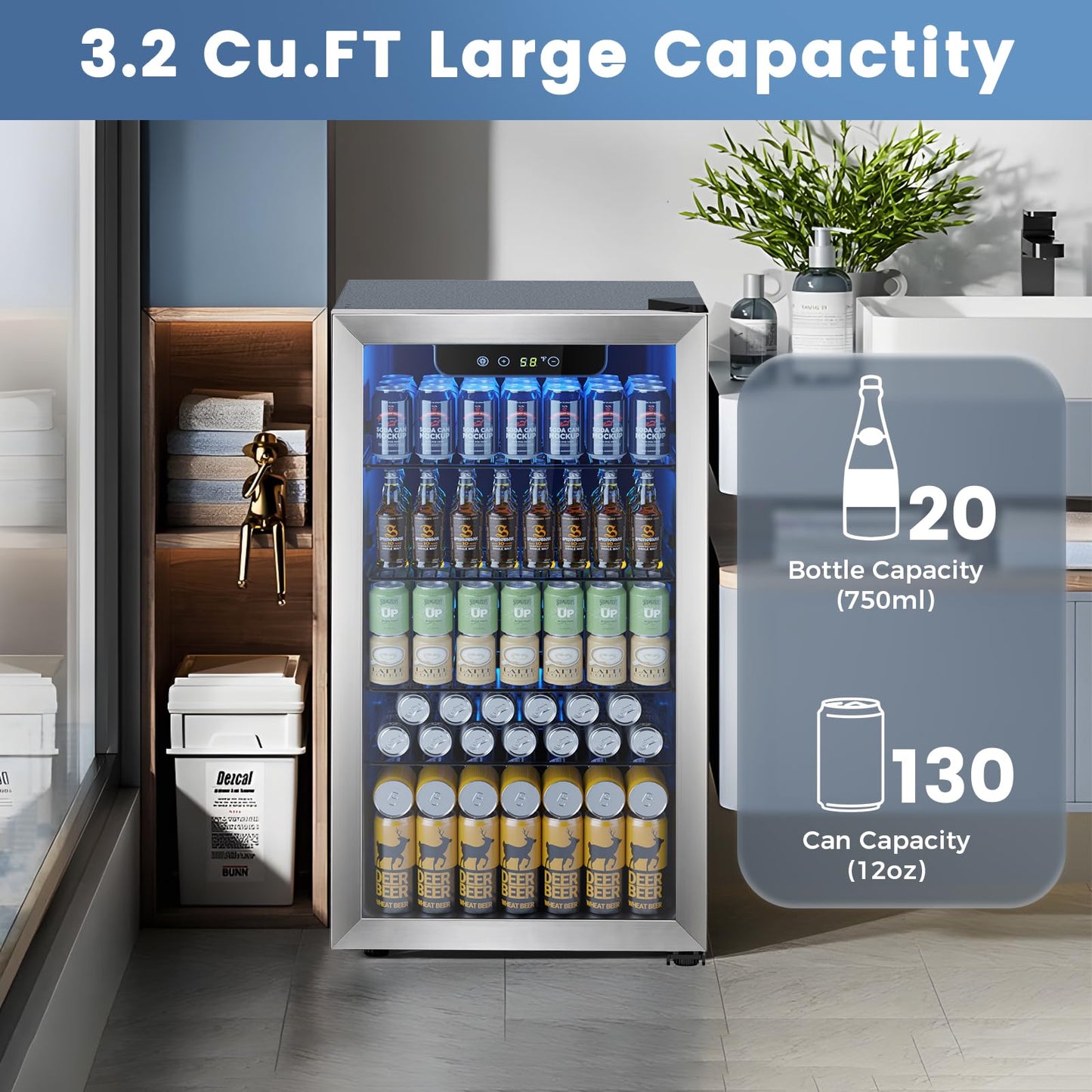 Electactic Mini Fridge 130 Can Beverage Refrigerator Cooler, 3.2 Cu.Ft Drink Fridge forSoda Wine Beer, Digital Temperature Control Cooler for Home, Dorm, Bar