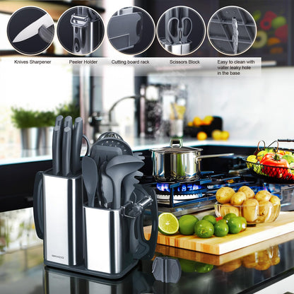 RAXCO Kitchen Utensils Set,18-Piece Cooking Tools and Sharp Knives,Stainless Steel Holder and Cutting Board