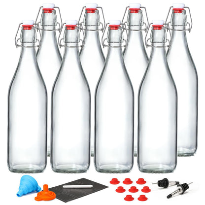 8 Pack [1 L / 33 fl. oz.] Swing Top Glass Bottles w/Airtight Stopper Lids – Flip Top Brewing Bottle for Fermentation, Kombucha, Mead, Vinegar, Beer, Kefir, Wine, Soda – With 8 Extra Seals & 2 Pourers
