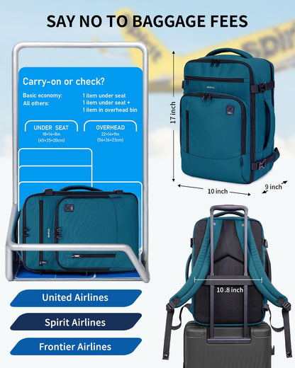 ECOHUB 17" Small Travel Backpack, United Airlines Personal Item Bag 17x10x9 with 16 Pockets, Water Resistant Rucksacks Fit 15.6" Laptop, AirTag Pocket, Lightweight Casual Daypack, 25L, Blue Green