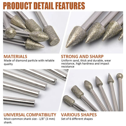 Diamond Drill Grinding Bit Set, Stone Carving Rotary Tools Polishing Kits Diamond-Coated with 1/8-inch Shank Universal Fitment for Stone Glass Ceramics