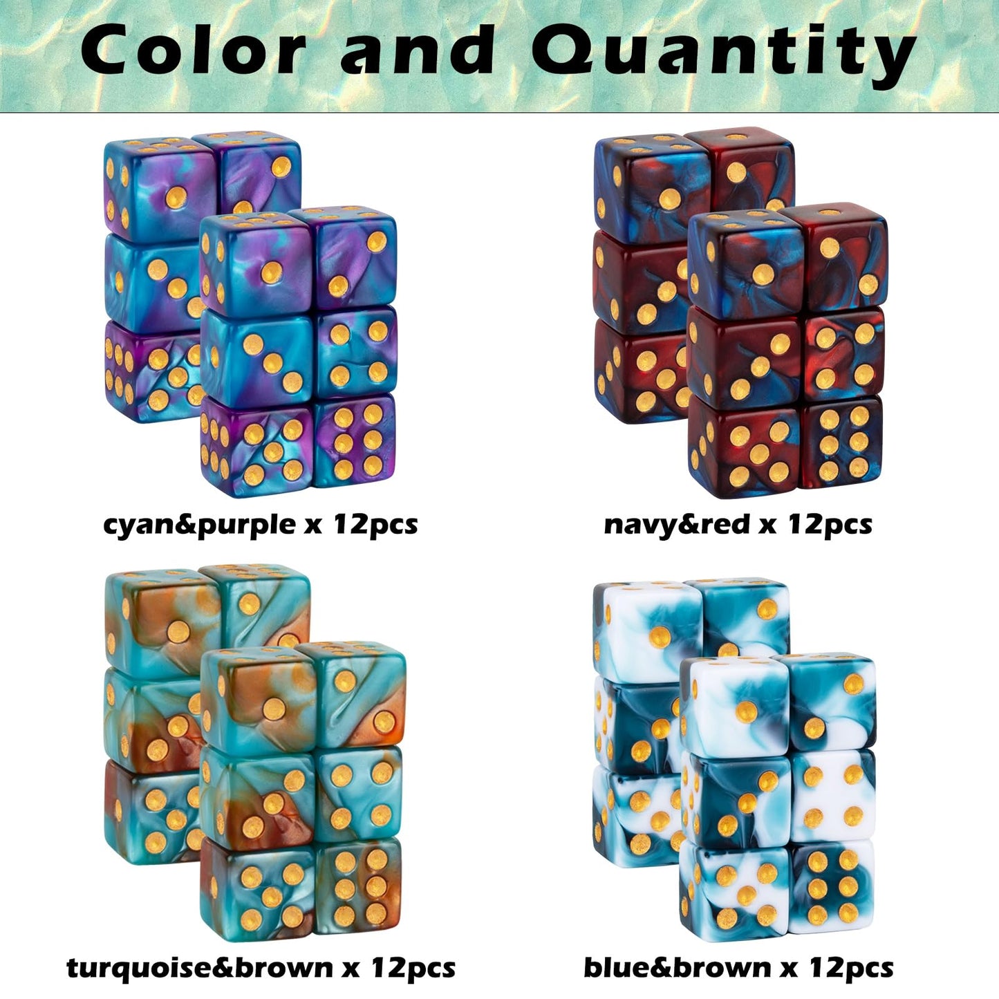 48 PCS 12mm Marble Polyhedral D6 Dice Square Corner 6 Sided Dice MTG Dice Set for Board Game RPG DND Yahtzee or Math Learning