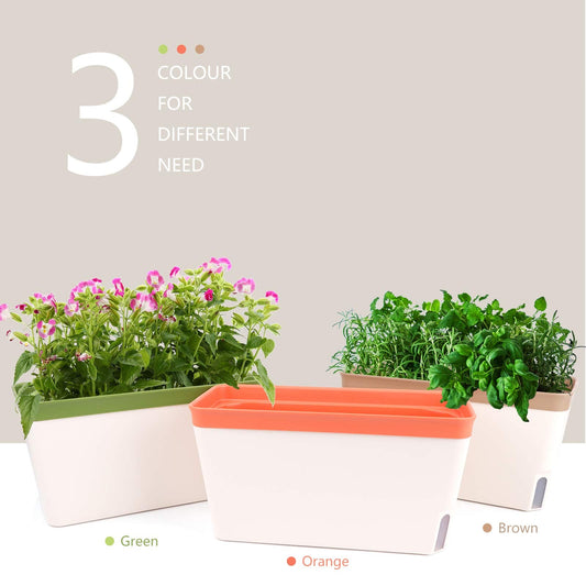Fayavoo Self Watering Plant Pots, Set of 3 10.5 Inch Rectangular Windowsill Herb Planter Box, Modern Plastic Flower Pots for Indoor Outdoor Garden Office Patio, Planters with Drainage Hole Hidden Tray