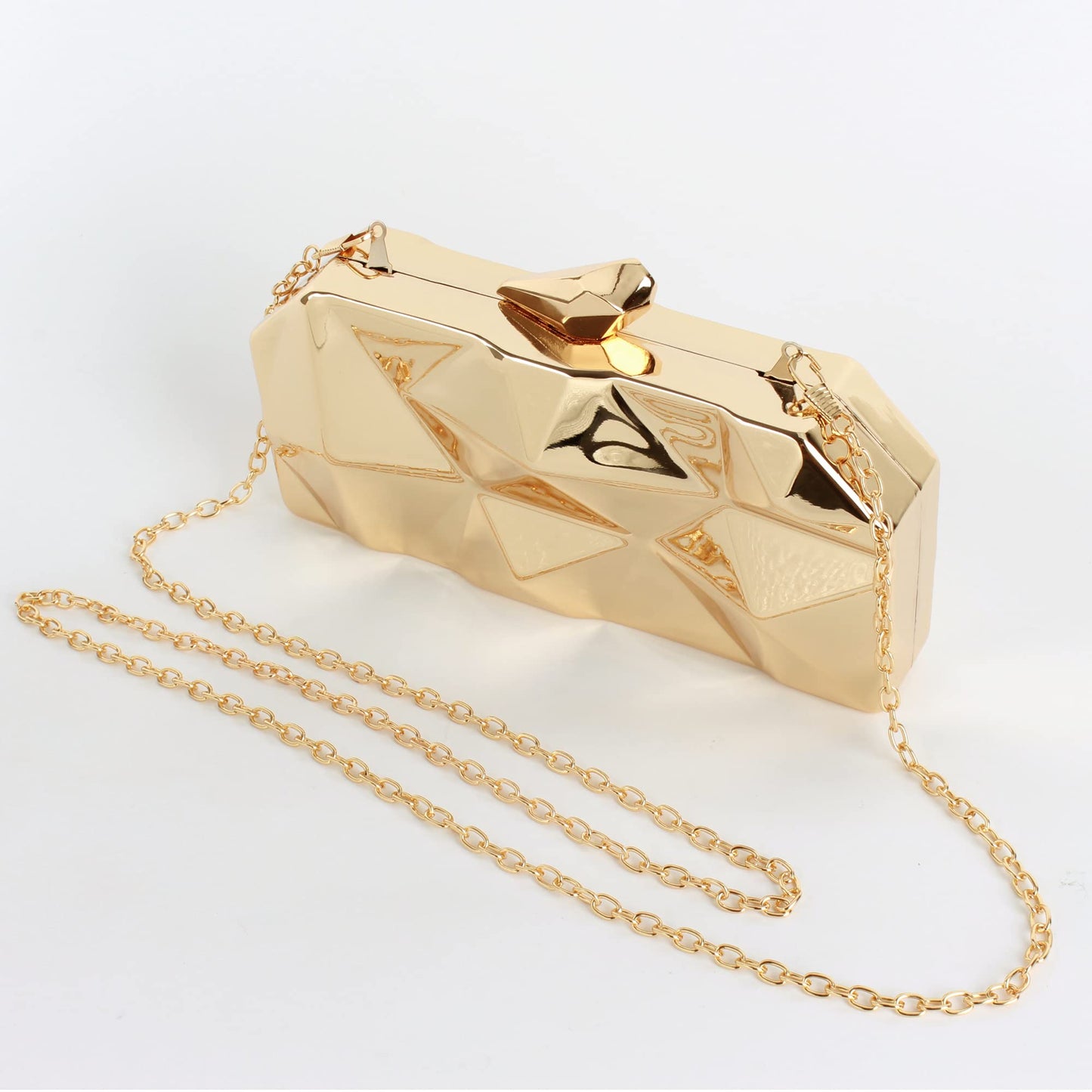 Reberomantic Women Lattice Pattern Metal Handbag Chain Geometric Evening Clutch Purse (G-Large Gold)