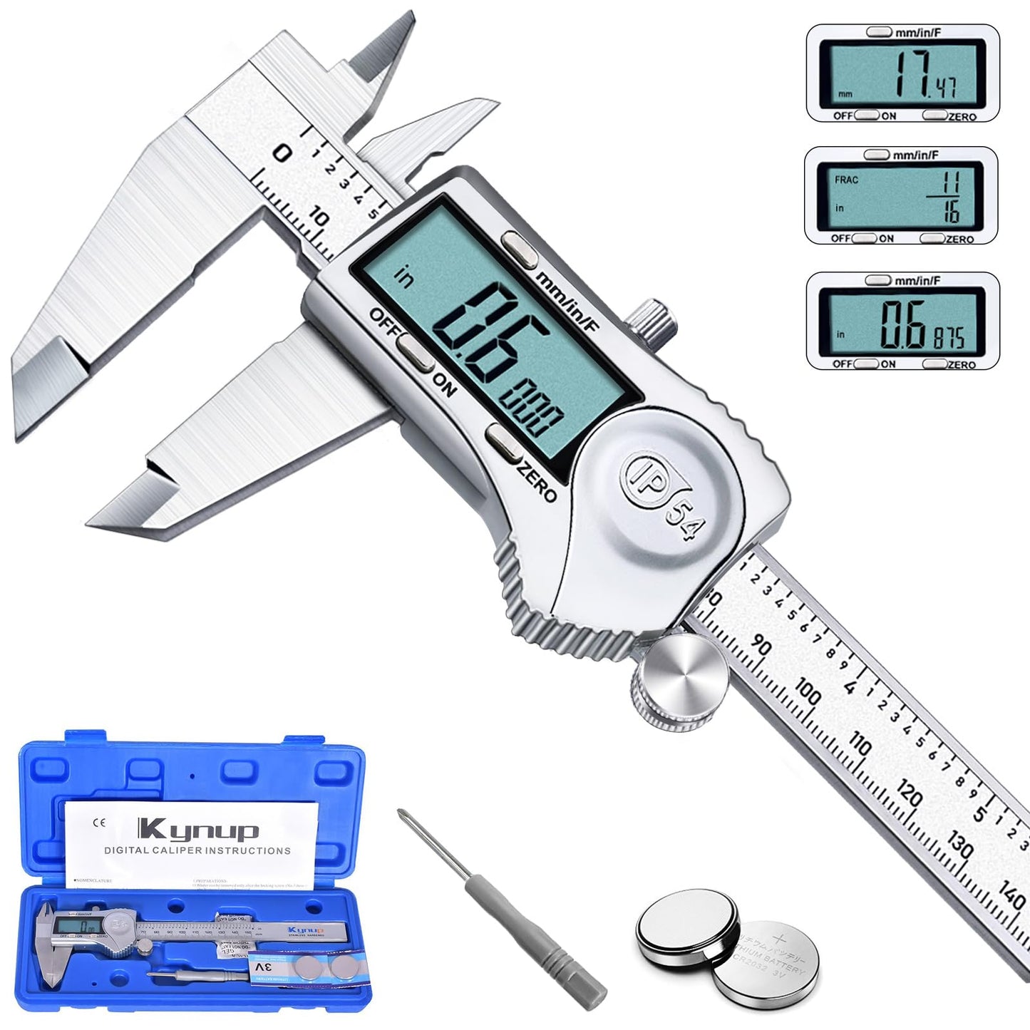 Kynup Digital Caliper, Caliper Measuring Tool Outside Micrometer, Vernier Dial Caliper Stainless Steel, IP54 Splash Proof Protection, Inch Metric Fraction Conversion, Large LCD Screen (6Inch/150mm)