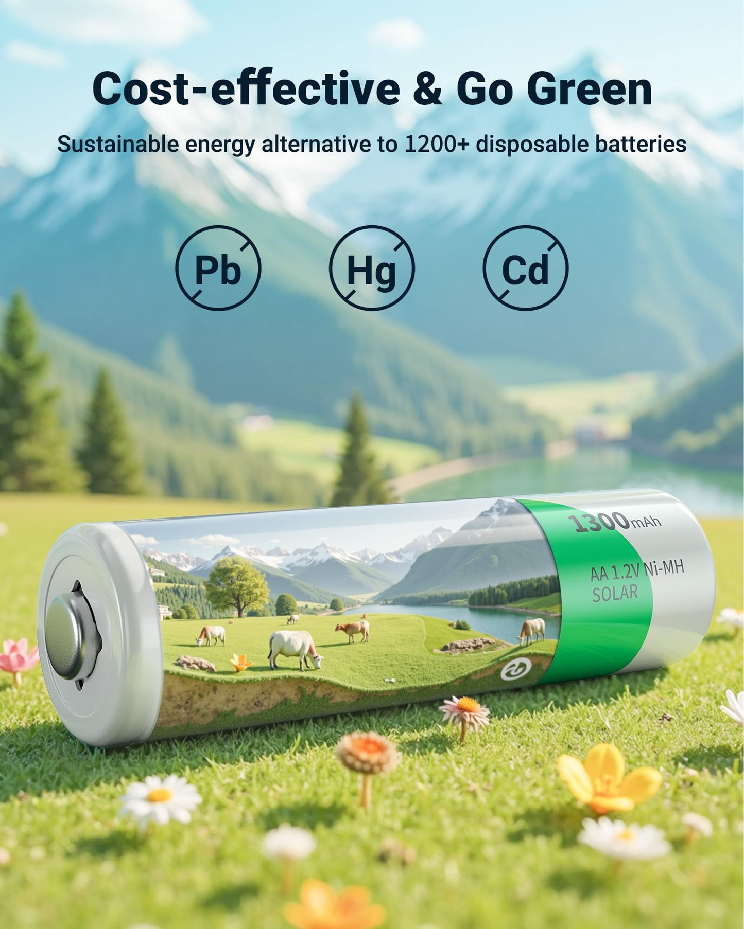 EBL Solar AA Battery Rechargeable Batteries for Outdoor Solar Lights, 1300mAh NIMH Pre-Charged 1.2V Recharge up to 1200x Times for Garden Landscaping String Lights, Pack of 12