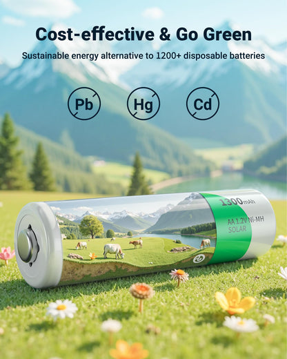 EBL Solar AA Battery Rechargeable Batteries for Outdoor Solar Lights, 1300mAh NIMH Pre-Charged 1.2V Recharge up to 1200x Times for Garden Landscaping String Lights, Pack of 12
