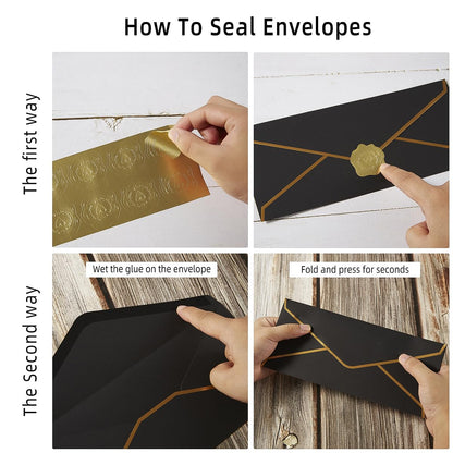 30 Pack Thick #10 Business Envelopes with Gold Border, 4 1/8 x 9 1/2 Thick Paper Standard Envelopes with Stickers for Office, Checks, Letter Mailing, Invoices (Black)