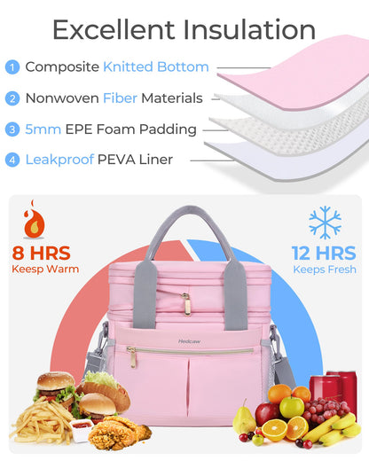 Hedcaw Lunch Box for Women Double Deck Insulated Lunch Bag Women Expandable Leakproof Reusable Lunch Cooler Bag for Work, Office, Picnic, Purple