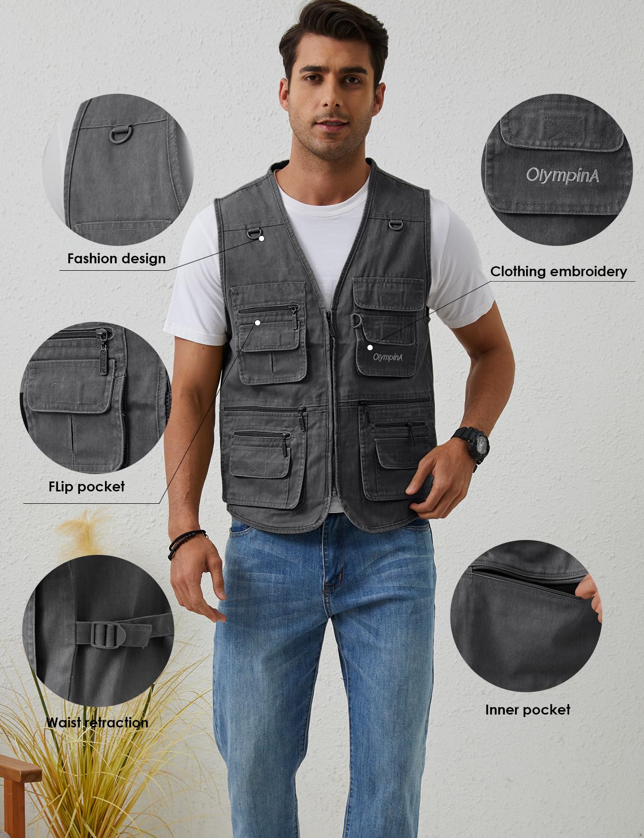 Gihuo Men's Fishing Vest Casual Utility Travel Safari Cargo Outdoor Work Photo Fly Vest Jacket with Multi Pockets (X-L, Grey)