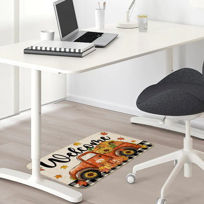 Fall Door Mat, Welcome Fall Outdoor Mat for Front Door, Autumn Pumpkins with Truck Black and White Buffalo Plaid Seasonal Non Slip Doormat for Entrance Entryway Outside, 17x29 Inches