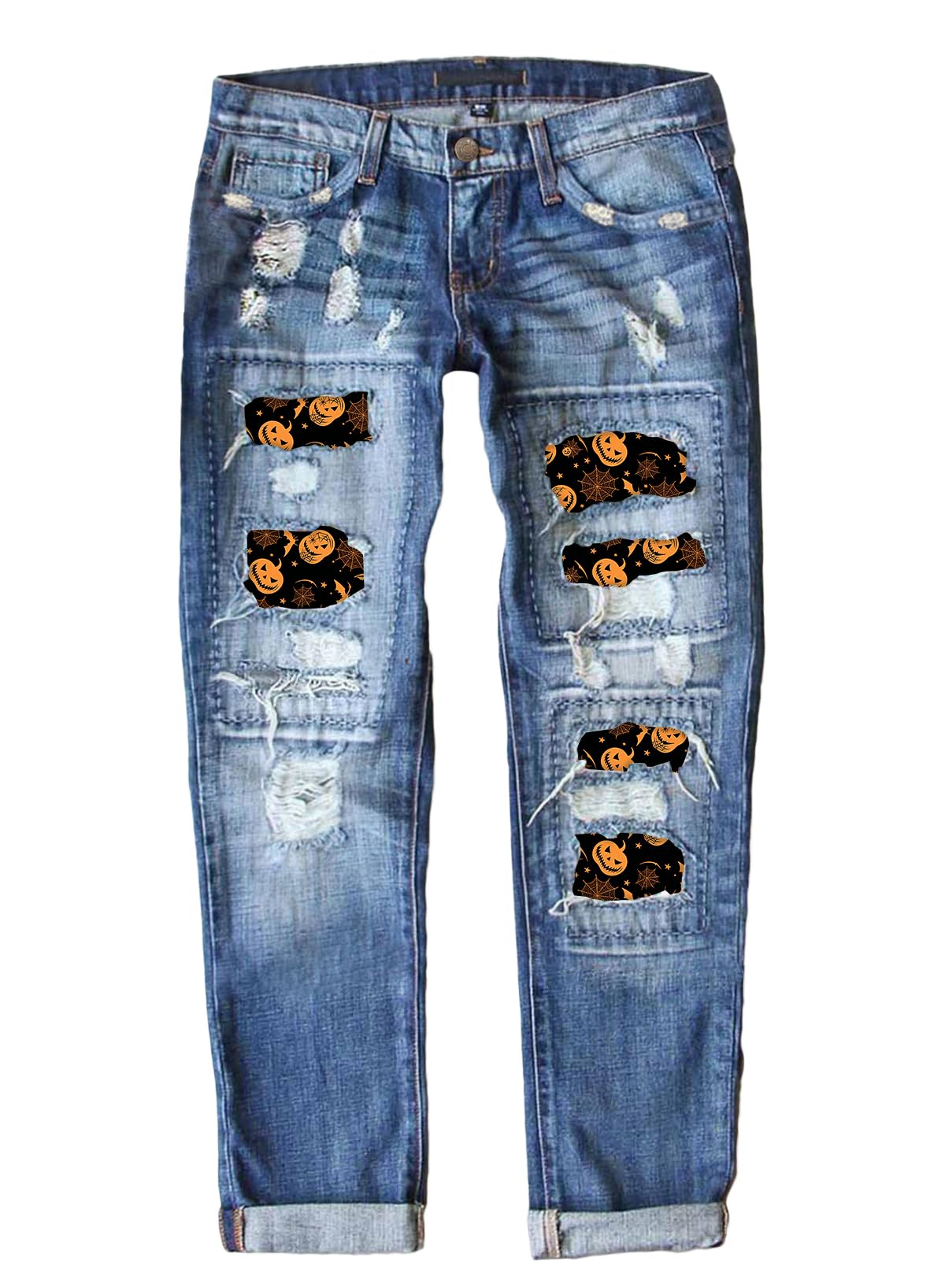 EVALESS Ripped Jeans Womens Halloween Pants Pumpkins Print Stretch Jeans Bootcut Boyfriend Distressed Jeans Cute Patchwork Trendy Denim Jeans Butt Lifting Pants with Pockets Blue X-Large