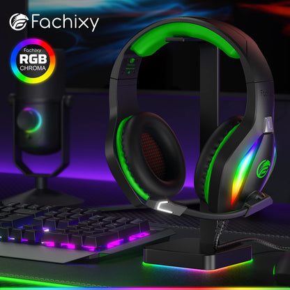 Fachixy FC100 Gaming Headset with Microphone for PS4, PS5, Switch, Xbox, PC, Mac, Gamer Headset with RGB Light, Computer Headphones with Mic