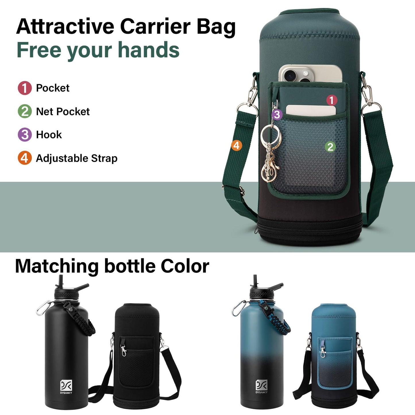 DYSANKY Insulated Water Bottle | Thickened Stainless Steel for Gym and Hiking with Straw, Carrier Bag, Handle Strap | BPA-Free 87 oz