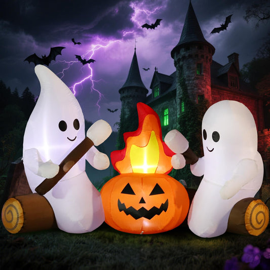 DomKom 6FT Halloween Inflatable Blow Up Decorations, Cute Ghosts Roasting Marshmallows Over Campfire, Built-in LEDs for Holiday Party, Garden, Lawn, Yard, Patio Décor