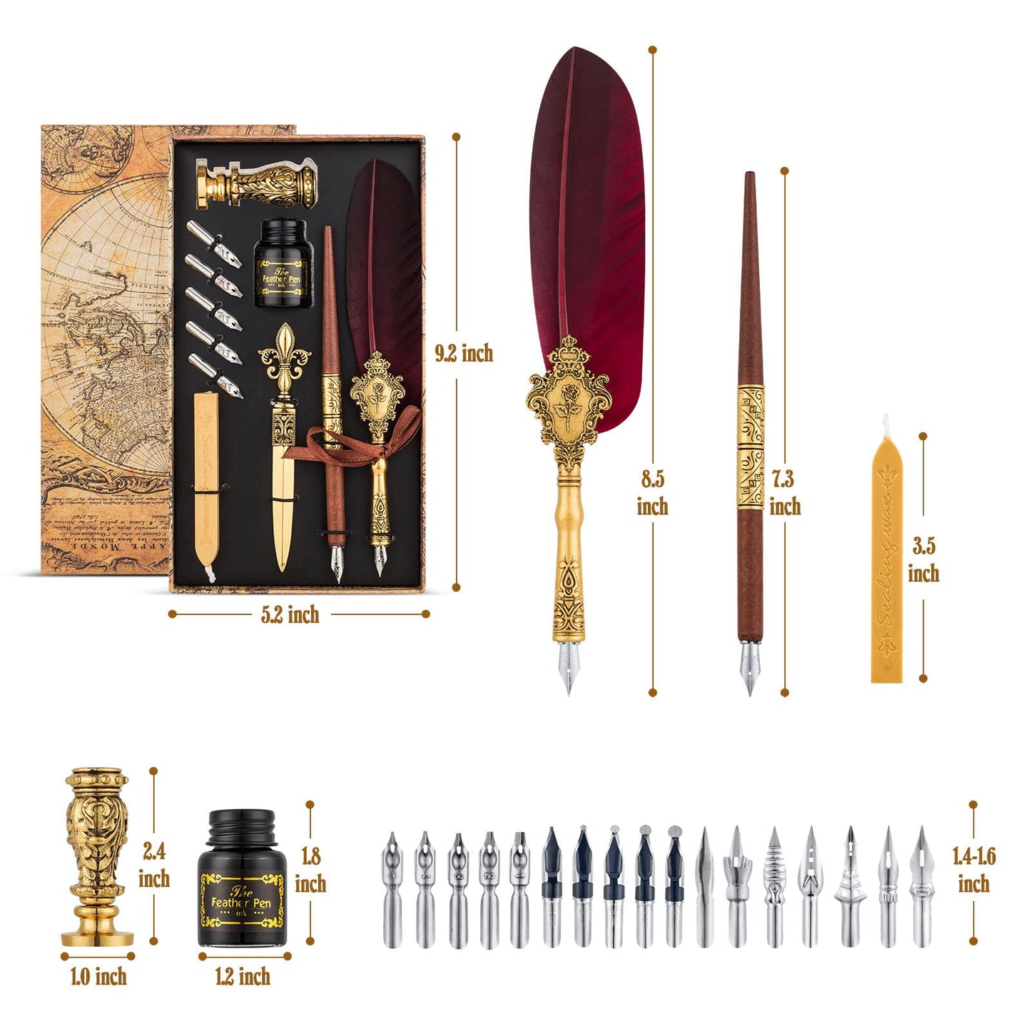 Hethrone Feather Pen and Ink Set - Quill Pens Calligraphy Pen Set Fountain Dip Pen