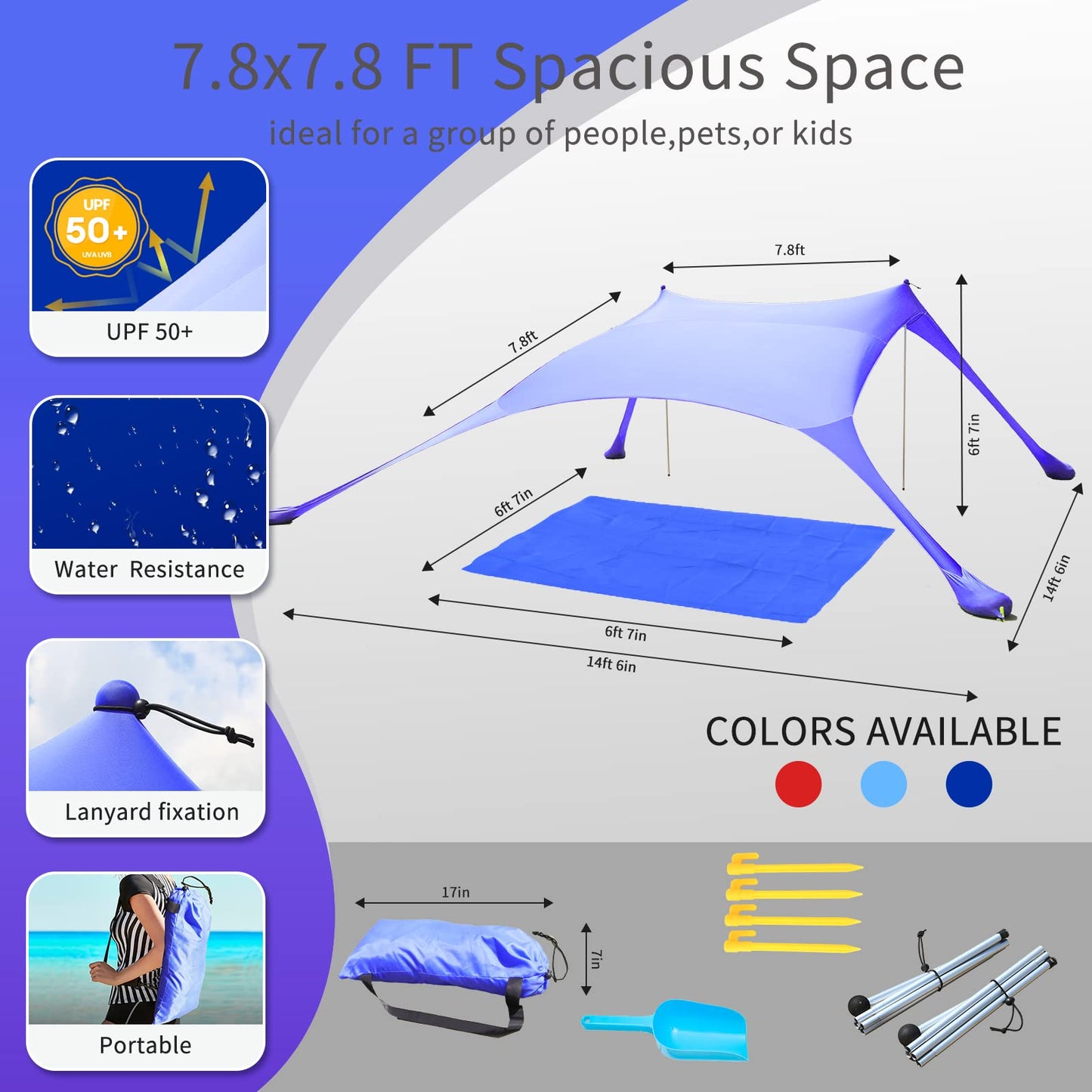 CUUPO 77 FT Beach Tent Sun Shelter UPF50+ UV Protection, Outdoor Canopy Tent Sun Shade with 2 Poles for Camping, Fishing, Backyard and Picnics with Sandproof Beach Blanket Royal Blue