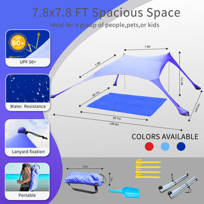 CUUPO 77 FT Beach Tent Sun Shelter UPF50+ UV Protection, Outdoor Canopy Tent Sun Shade with 2 Poles for Camping, Fishing, Backyard and Picnics with Sandproof Beach Blanket Royal Blue