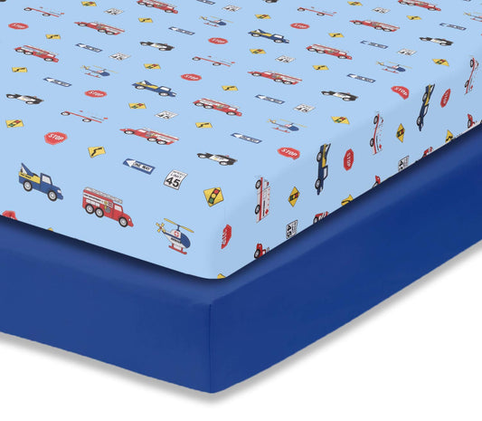 Everyday Kids 2 Pack Fitted Boys Crib Sheet, 100% Soft Breathable Microfiber Baby Sheet, Fits Standard Size Crib Mattress 28in x 52in, Nursery Sheet - Rescue/Blue