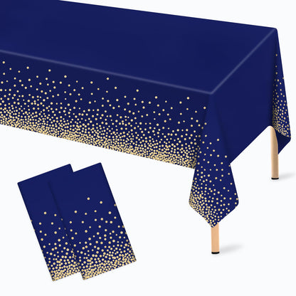 2 Pcs Navy Blue and Gold Plastic Tablecloth for Rectangle Table, 54 × 108 inches Disposable Gold Dot Dark Blue Party Table Covers for Anniversary, Wedding, Fine Dining, Graduation Party Decoration