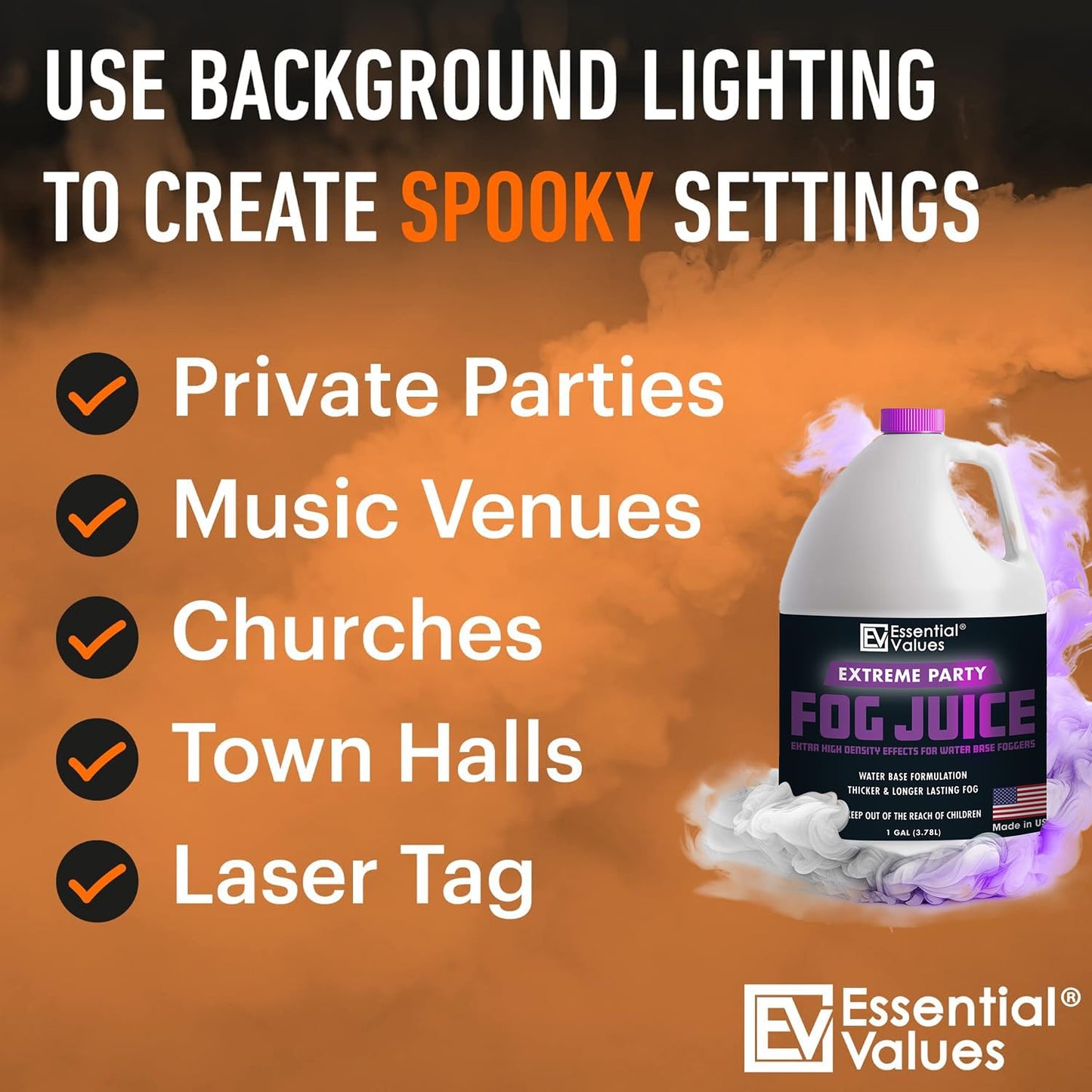 Essential Values Fog Machine Fluid - Extreme High Density (128 FL OZ / 1 Gallon) Manufactured in USA – White-Out Conditions with Lasting HEAVY Fog for Water Based Foggers Designed for 700 Watts+