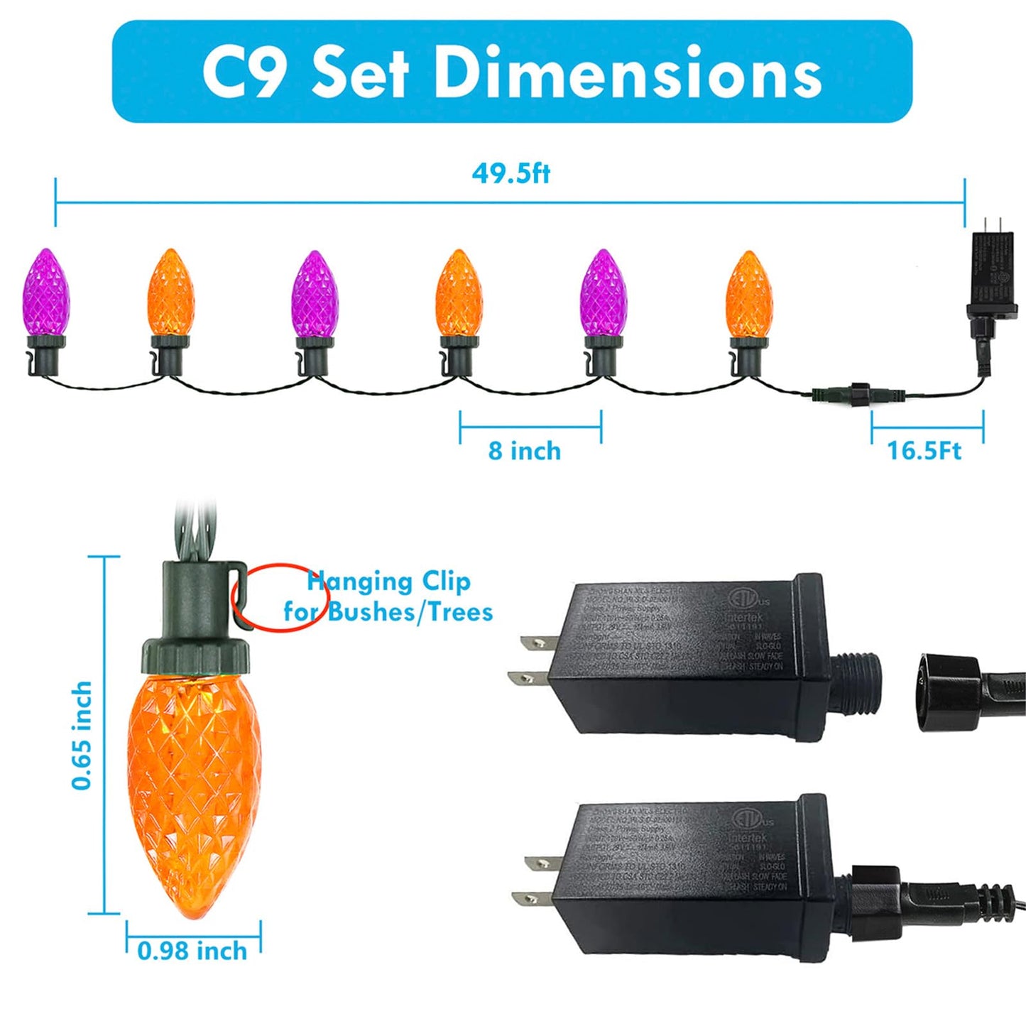 KAQ 2PK 100LED Orange and Purple C9 Halloween Lights Waterproof Indoor Outdoor, Extendable 98FT String Lights Plug in with 13 Lighting Modes, Halloween Decorations for Party Patio, Outside Yard Decor